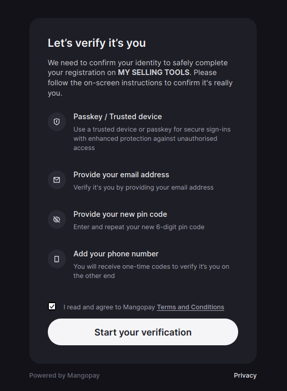 Step 1 – Read and accept the MangoPay’s Terms and Conditions